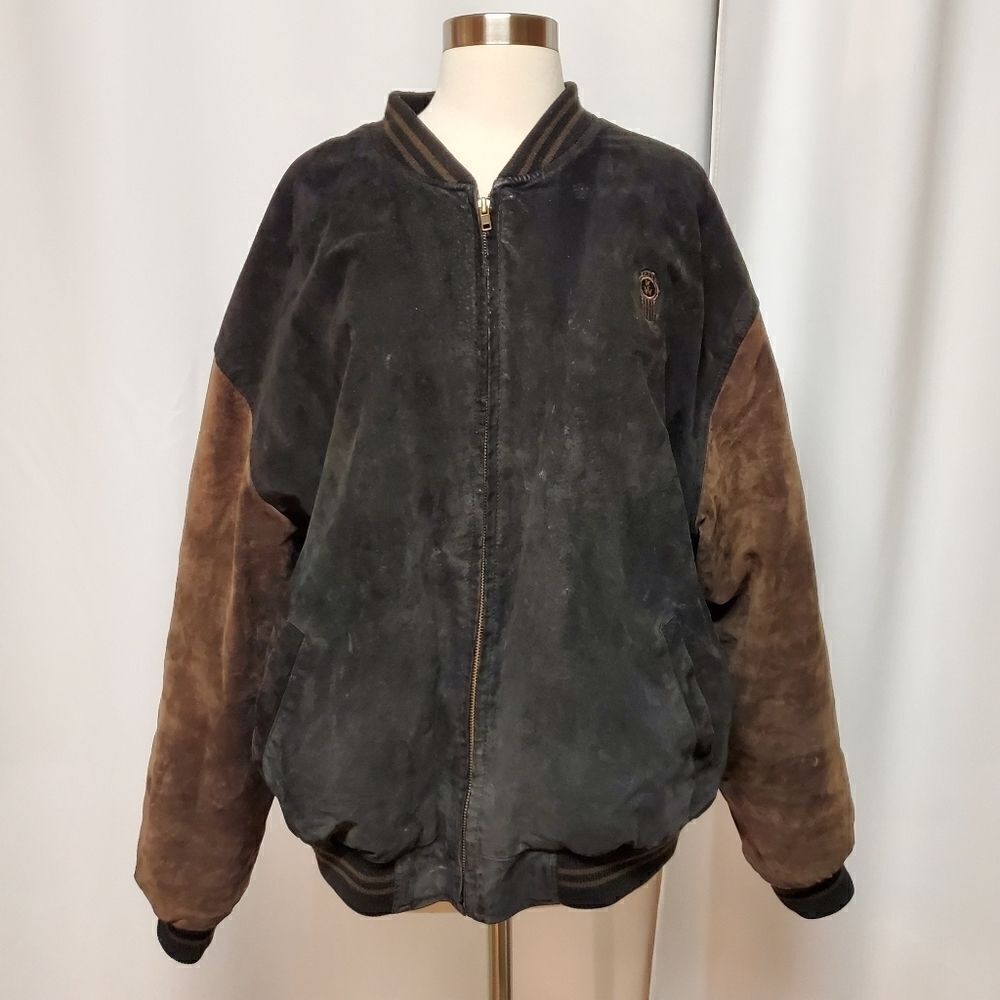 Vintage 90s y2k 2 Tone Black Brown Suede Leather Kenworth Truck Bomber Jacket Lg - Picture 3 of 12